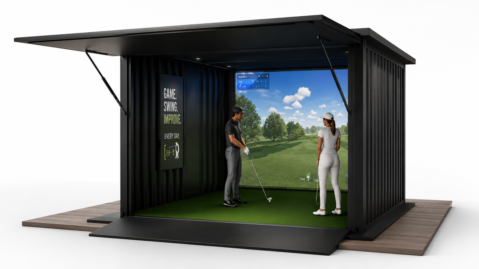 BLOXI connected container golf simulator with players hitting into a virtual course